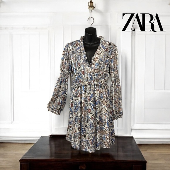NWOT, ZARA, Dress With Print And Ruffles, Small, White, Blue, Tan - Picture 3 of 12